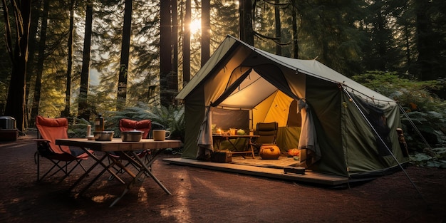 Foto gratuita una tienda de lona en el bosque un simple refugio para los aventureros