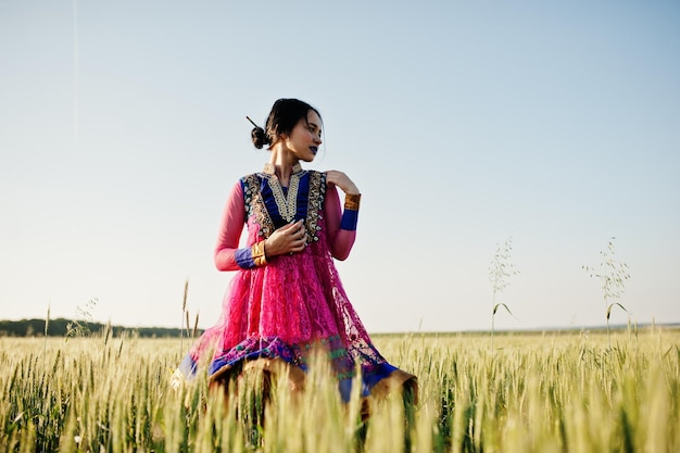 Tierna niña india en sari con maquillaje de labios violetas posó en el campo al atardecer