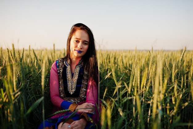 Tierna niña india en sari con maquillaje de labios violetas posó en el campo al atardecer