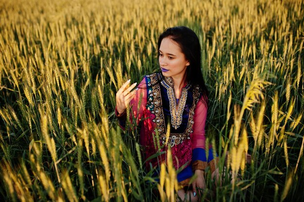 Tierna niña india en sari con maquillaje de labios violetas posó en el campo al atardecer