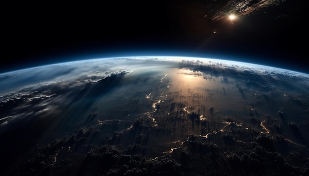 Tierra desde el espacio con un planeta y el sol al fondo