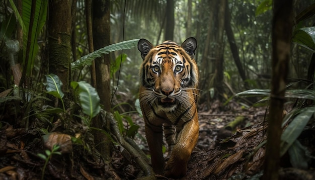 Foto gratuita tigre de bengala escondido en el follaje de la selva tropical generado por ia
