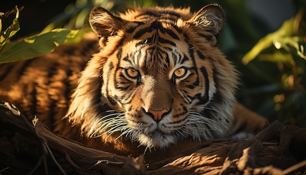 Tigre de Bengala mirando majestuoso escondido en la selva tropical generado por inteligencia artificial