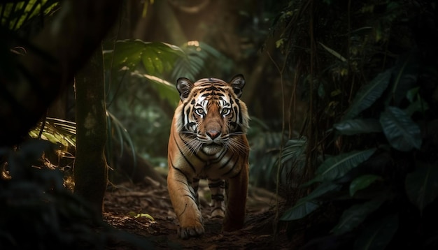 Tigre de Bengala en peligro de extinción mirando en la selva tropical generada por IA