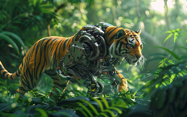 El tigre medio robot futurista en la naturaleza