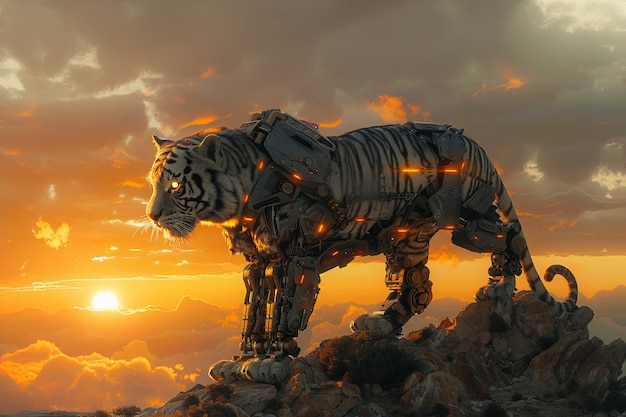 El tigre medio robot futurista en la naturaleza