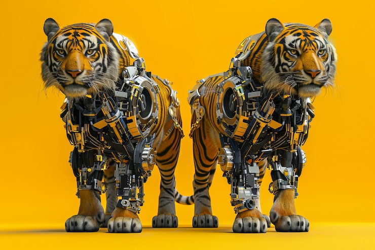 Foto gratuito el tigre medio robot futurista