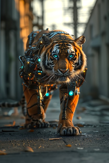 Foto gratuita el tigre medio robot futurista