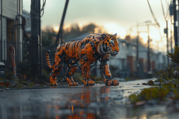 Foto gratuita el tigre medio robot futurista