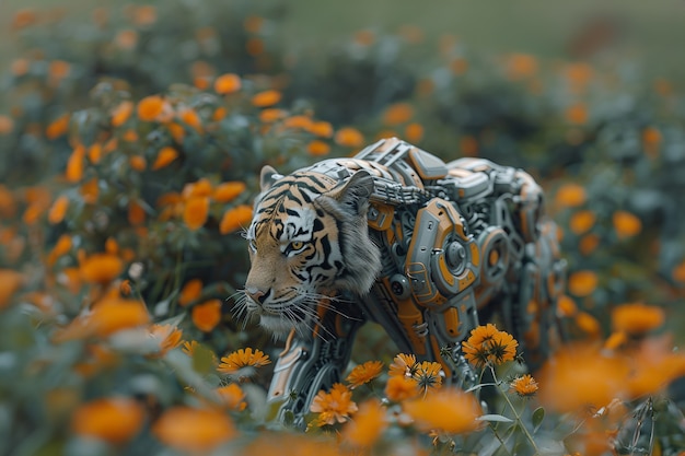 El tigre medio robot futurista