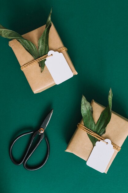 Tijeras y dos cajas de regalo en fondo verde