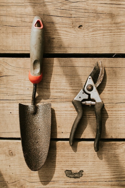 Tijeras de jardinería y paleta sobre una mesa de madera flatlay