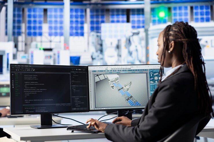 Foto gratuito tipo de código del programador en la pc en la instalación de producción fotovoltaica