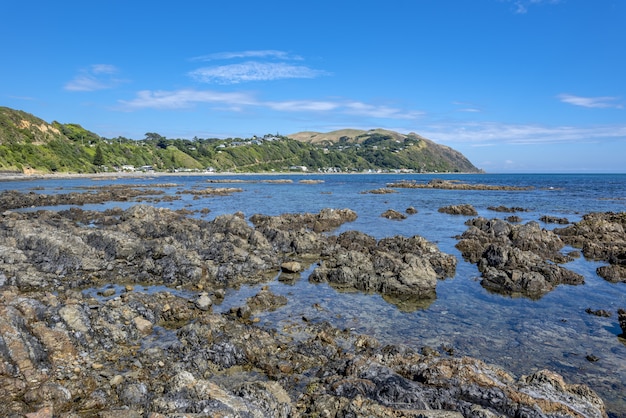 Tiro de alto ángulo de formaciones rocosas en el agua de la Bahía de Pukerua en Nueva Zelanda