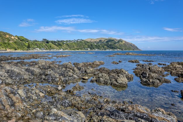 Tiro de alto ángulo de formaciones rocosas en el agua de la Bahía de Pukerua en Nueva Zelanda