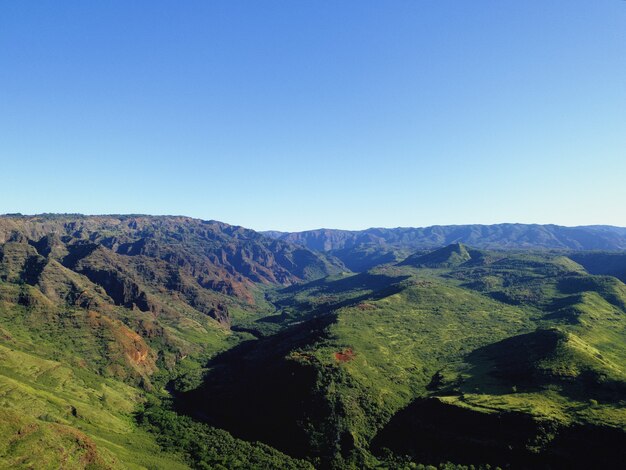 Tiro alto ángulo de las magníficas montañas cubiertas de árboles bajo el cielo azul