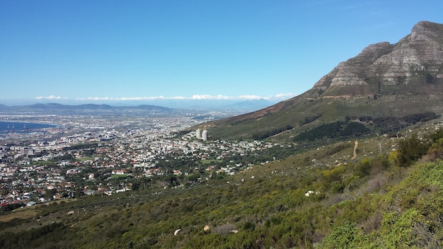 Tiro de ángulo alto de una ciudad al pie de una hermosa montaña bajo un cielo azul claro