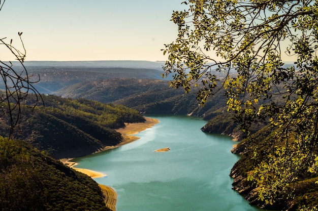 Foto gratuita tiro de ángulo alto de un gran río rodeado de colinas cubiertas de árboles