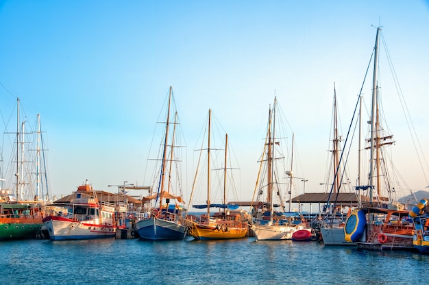 Tiro de ángulo alto de hermosos barcos estacionados en el agua pura durante el día