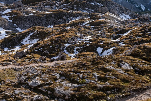 Tiro de ángulo alto de texturas de tierra en los Alpes italianos