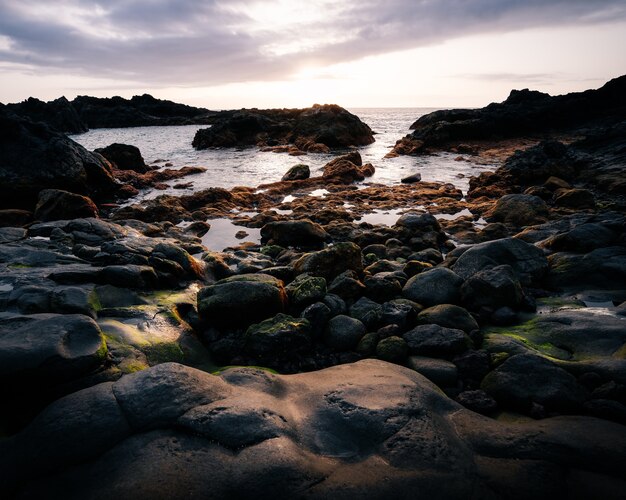 Tiro de ángulo alto vertical de las piedras cubiertas de musgo en la playa con el cielo brillante