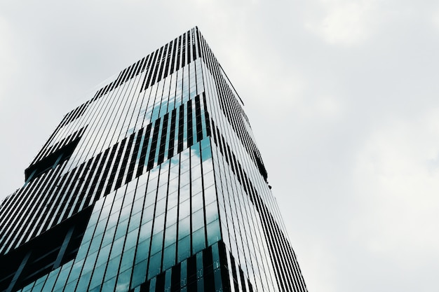 Tiro de ángulo bajo de un edificio de negocios moderno alto y alto con un cielo despejado