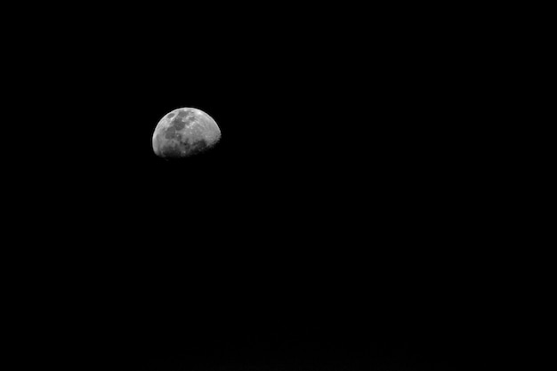 Tiro de ángulo bajo de la hermosa luna en el cielo de tono negro