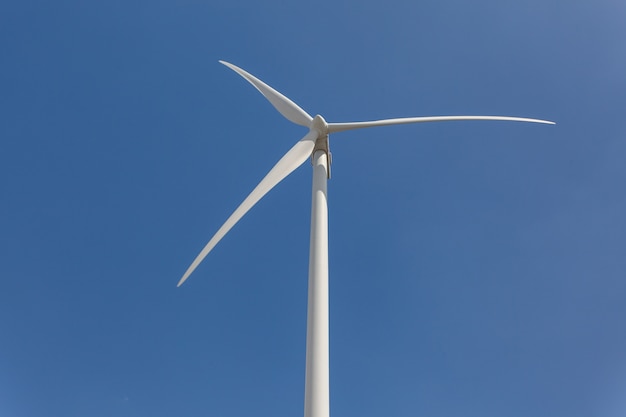 Foto gratuita tiro de ángulo bajo de un molino de viento bajo la luz del sol y un cielo azul durante el día