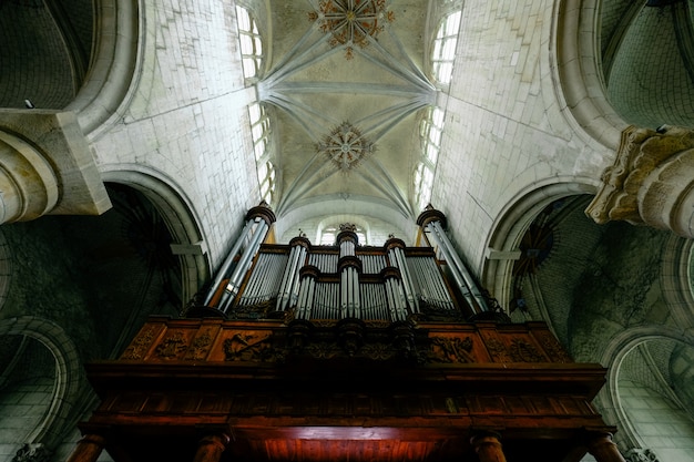 Tiro de ángulo bajo de un techo de catedral con ventanas