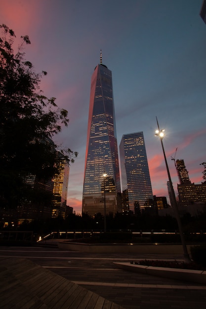 Tiro de ángulo bajo vertical de rascacielos iluminados bajo el cielo del atardecer