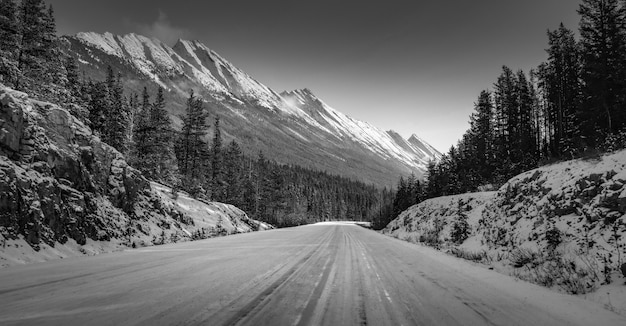 Tiro en escala de grises de una carretera en medio de montañas nevadas