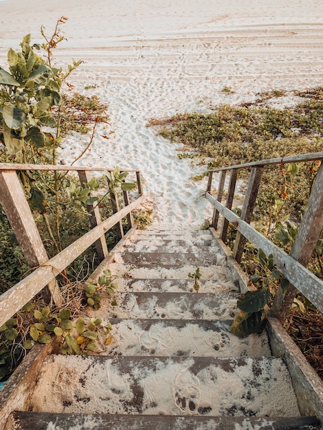 Foto gratuita tiro de hermoso paisaje de las escaleras a la playa con colores dorados del atardecer