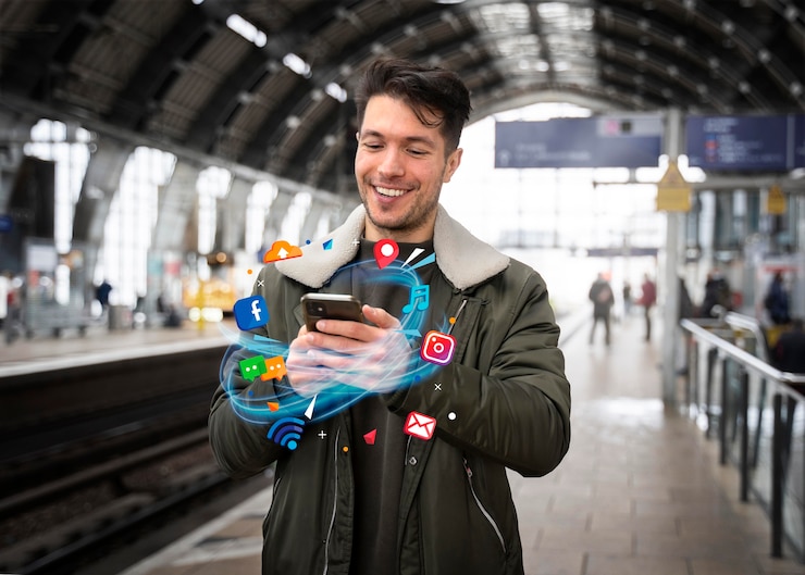Foto gratuito tiro medio hombre sosteniendo smartphone
