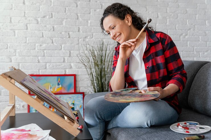 Foto gratuito tiro medio mujer feliz pintura