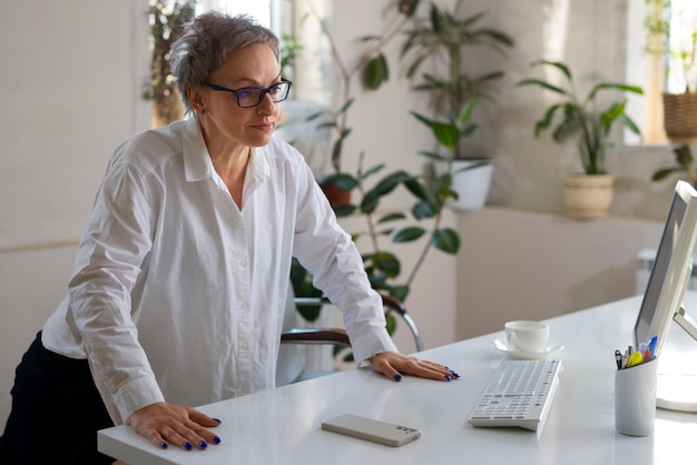 Tiro medio mujer sentada en el escritorio