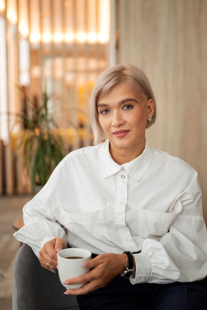 Tiro medio mujer sosteniendo la taza de café