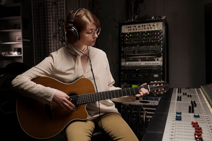 Foto gratuito tiro medio mujer tocando la guitarra en estudio