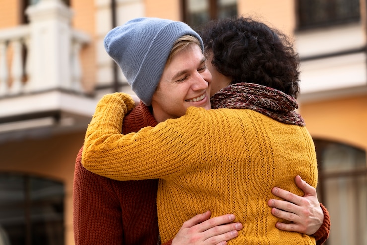 Foto gratuito tiro medio personas sonrientes abrazando