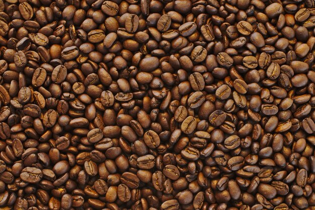 Tiro de primer plano hermoso de granos de café negro fresco marrón