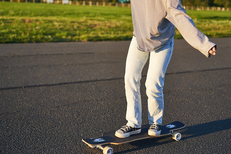 Foto gratuito tiro recortado de piernas en longboard skater girl montando su patineta en la calle adolescente femenina en cru
