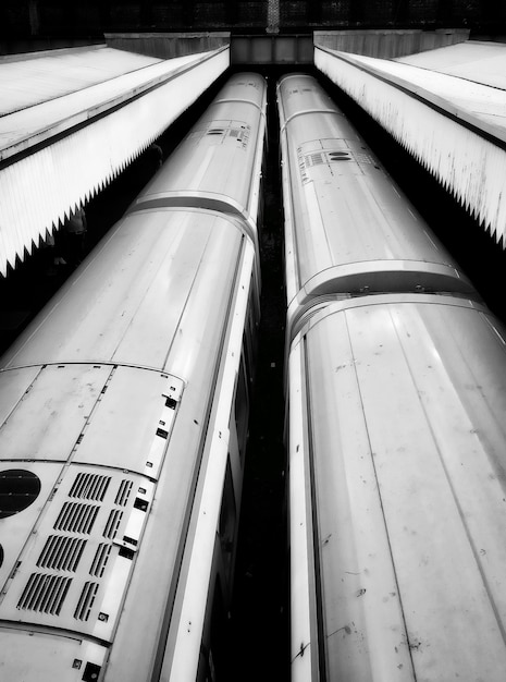 Tiro vertical de alto ángulo de dos trenes en una estación de tren en blanco y negro