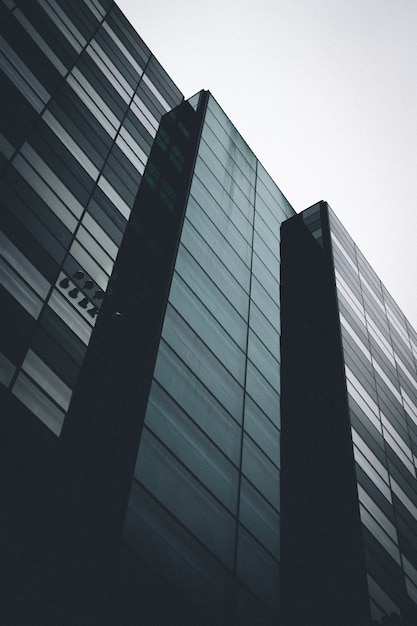 Tiro vertical de ángulo bajo de un edificio negro con ventanas de espejo bajo el cielo despejado