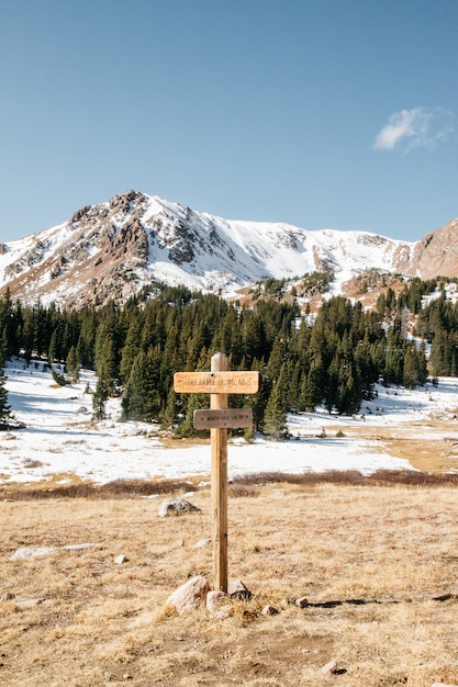 Tiro vertical de un cartel de madera con árboles y montañas nevadas en el fondo bajo un cielo despejado