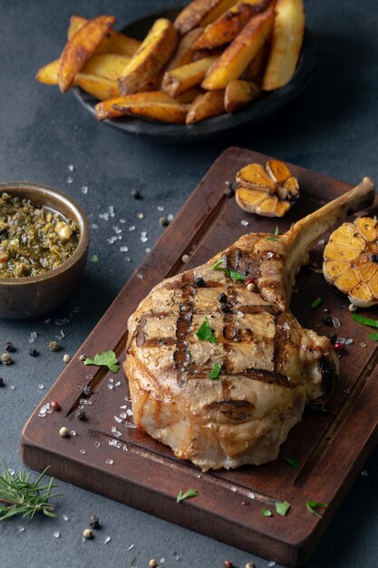 Tiro vertical de una estaca sazonada en una tabla servida con papas fritas