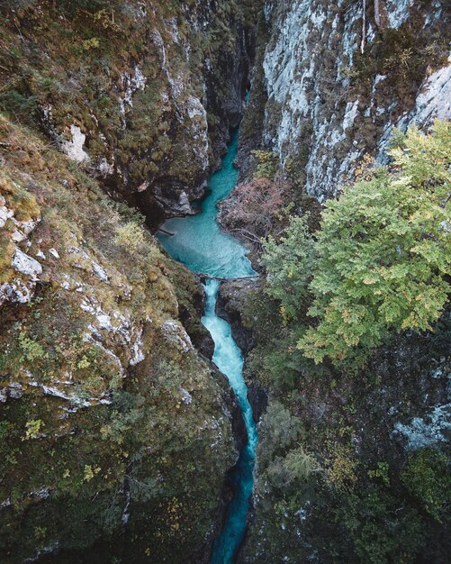 Tiro vertical de ojo de pájaro de un río que fluye a través de las rocas