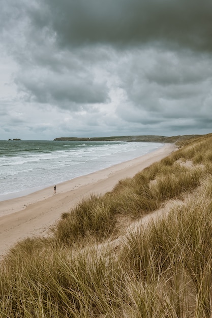 Tiro vertical de la playa cubierta de hierba por el océano tranquilo capturado en Cornwall, Inglaterra