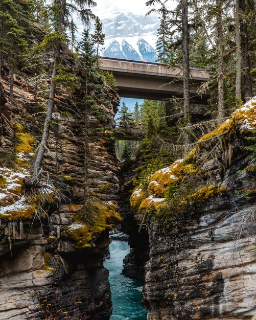 Tiro vertical de un río en medio de un paisaje montañoso fascinante