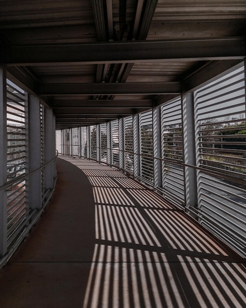 Tiro vertical de ventanas que se reflejan en el piso de un pasillo interior