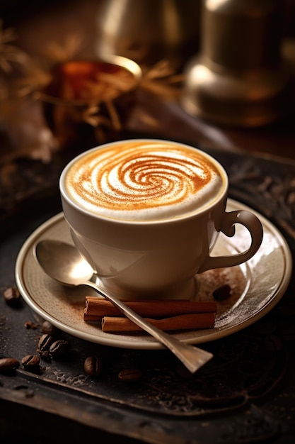 Titulo café caliente en taza sobre mesa de madera rústica y fondo de luz trasera