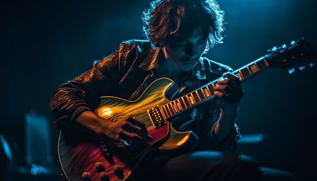 Tocar la guitarra eléctrica en el escenario generado por IA